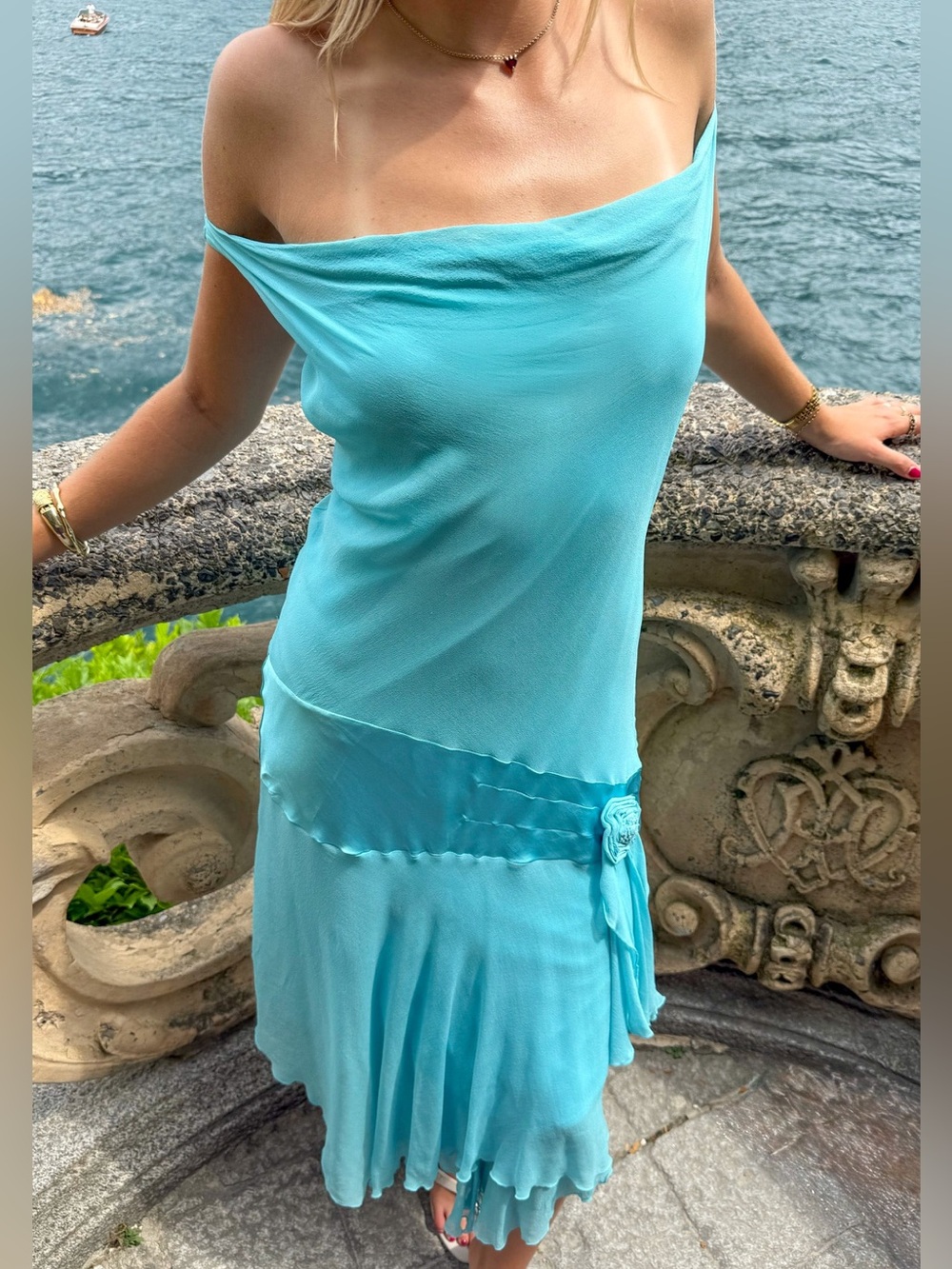 Vintage Jonathan Martin Silk Y2K Fairy Asymmetrical Flowy Dress Drop Waist Aqua